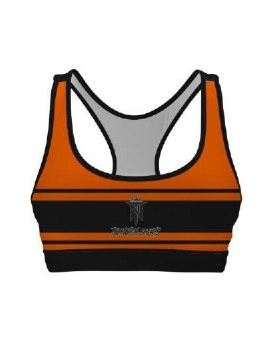 The same sports bra design in the catalog orange and black colorway