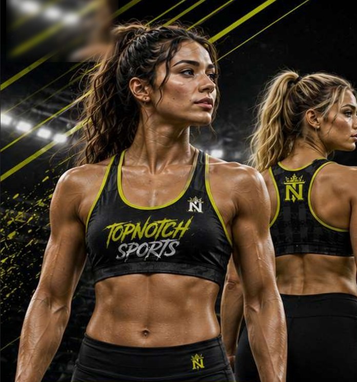 Two athletes in black and yellow Top Notch Sports custom sports bras, front and racerback views